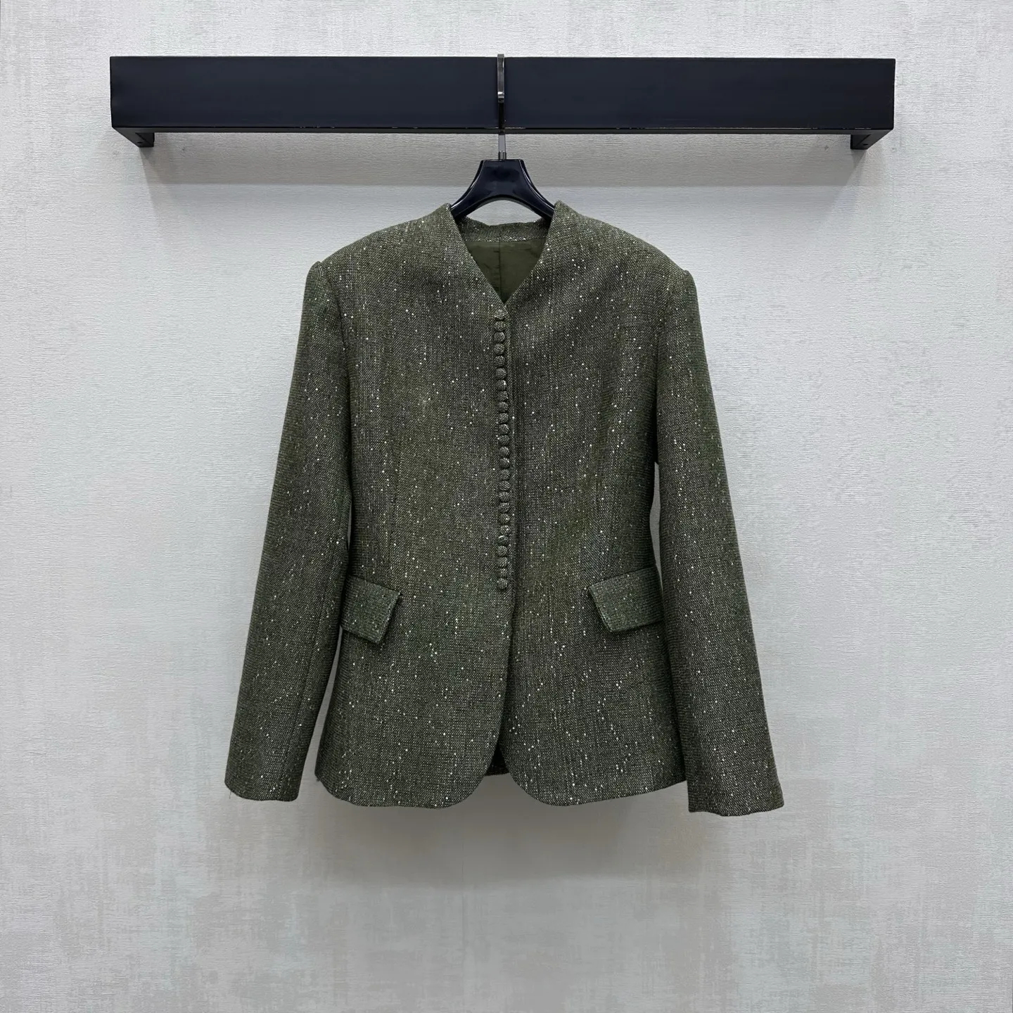 2026 New Olive Green Patterned Sparkling Silk Chinese-style Jacket - Coarse Tweed Slim-Fitting Suit Jacket