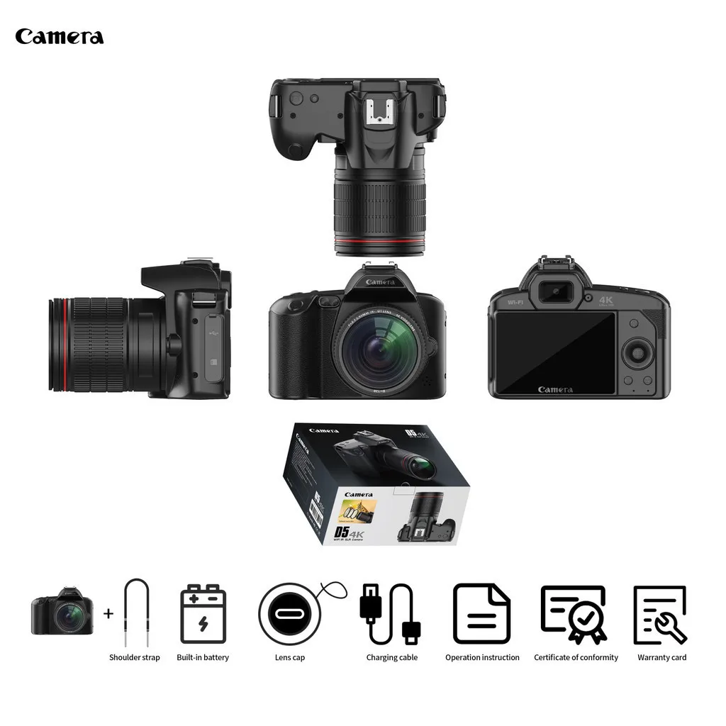 

D5 WIFI DSLR 4K Dual Camera 64 Million Beauty Digital Video Camera Night Vision Camera with Fill light Bracket & Microphone