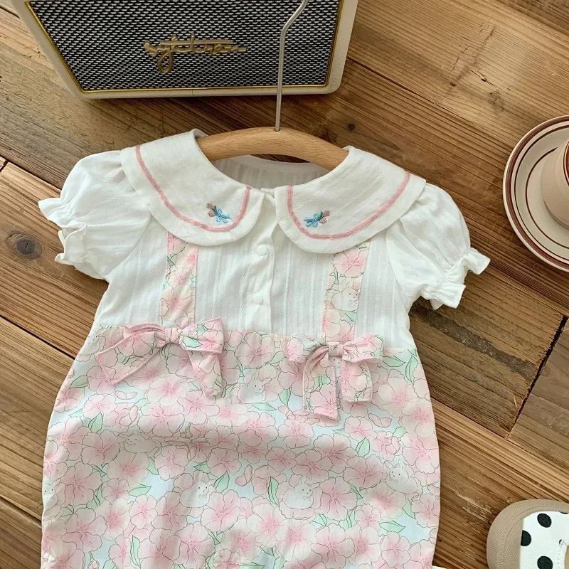 

Cute Newborn Baby Girl Romper Short Sleeve Peter Pan Collar Bow Flower Jumpsuit Loose Outfits Summer Clothes 0-24Months