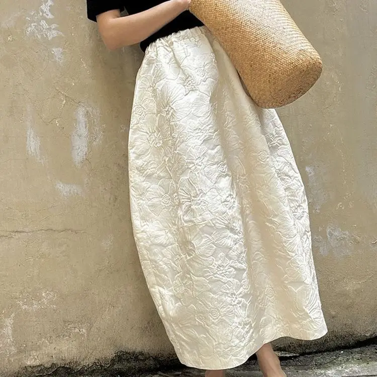High-end retro national style new Chinese embossed jacquard skirt casual women's flower bud skirt long skirt