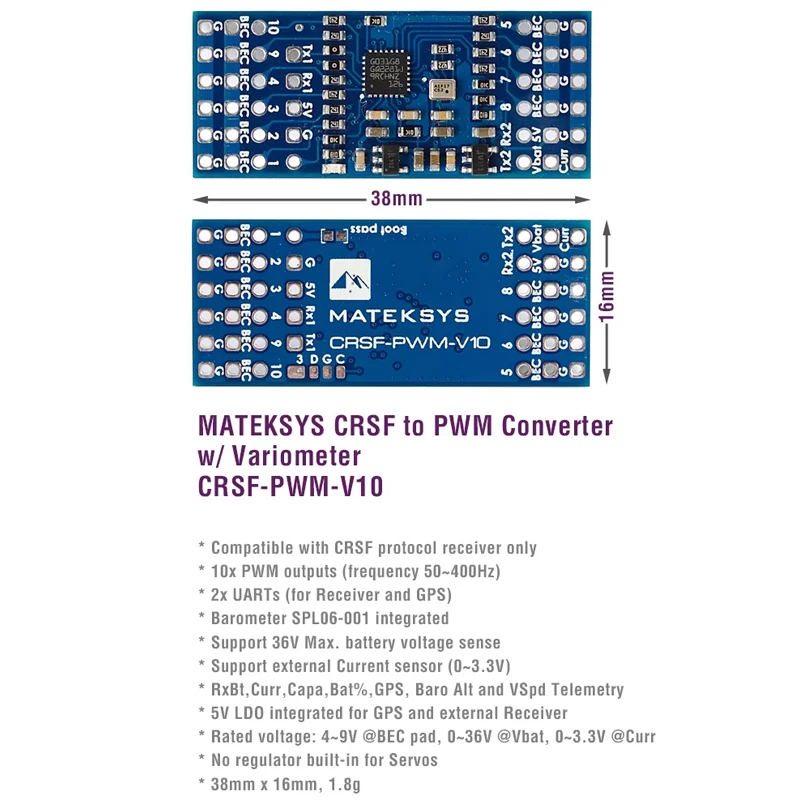 MATEK CRSF-PWM-V10 CRSF-PWM Converter With Variometer 10CH PWM Output Support TBS CRSF 433MHz 915MHz 2.4GHz RC Receiver Drone