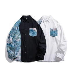 Vintage Trend Floral Embroidery Shirt Fashion Classic Patchwork Long Sleeve Shirt Black White Blouses Couple Clothes