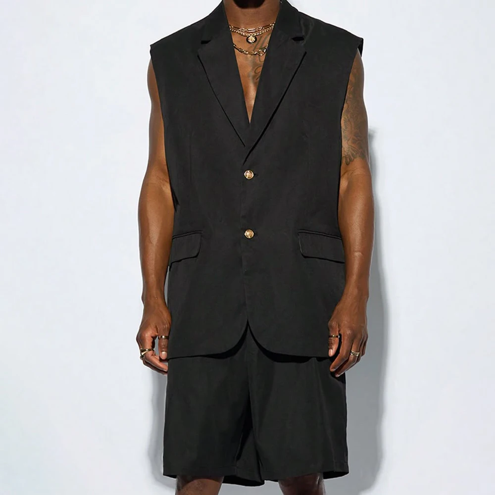 

Casual Men's Suits Two Piece Pant Sets Sleeveless Notch Lapel Single Breasted Blazer+Short Trousers Summer Party Guest Costume