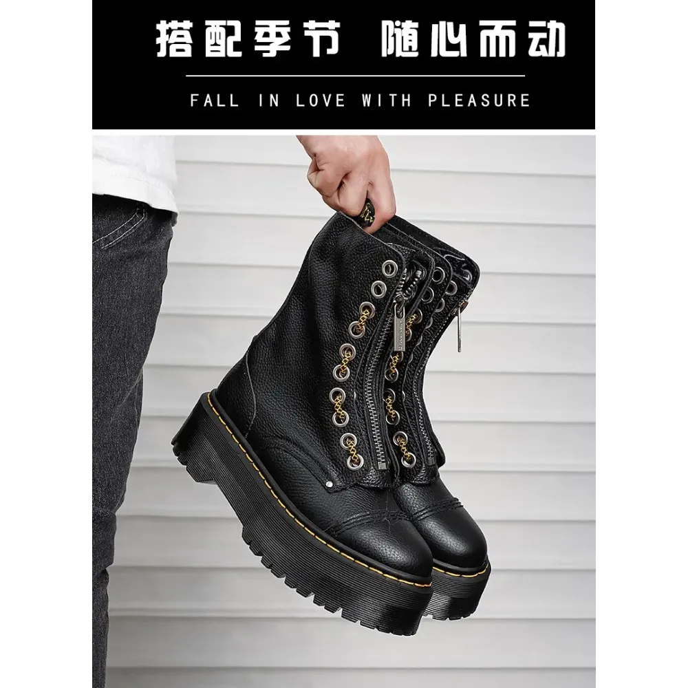 Femmes bottes en cuir véritable plate-forme bottes moto chaussures avant fermeture éclair semelles optiques mode Sexy Punk luxe hommes bottes d'hiver