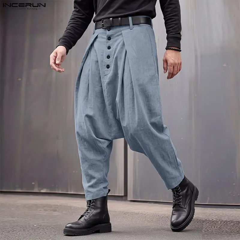 Fashion Men's Pants Solid Color Button Joggers Streetwear Drop-crotch Trousers For Man Pleated Loose Casual Pantalones INCERUN