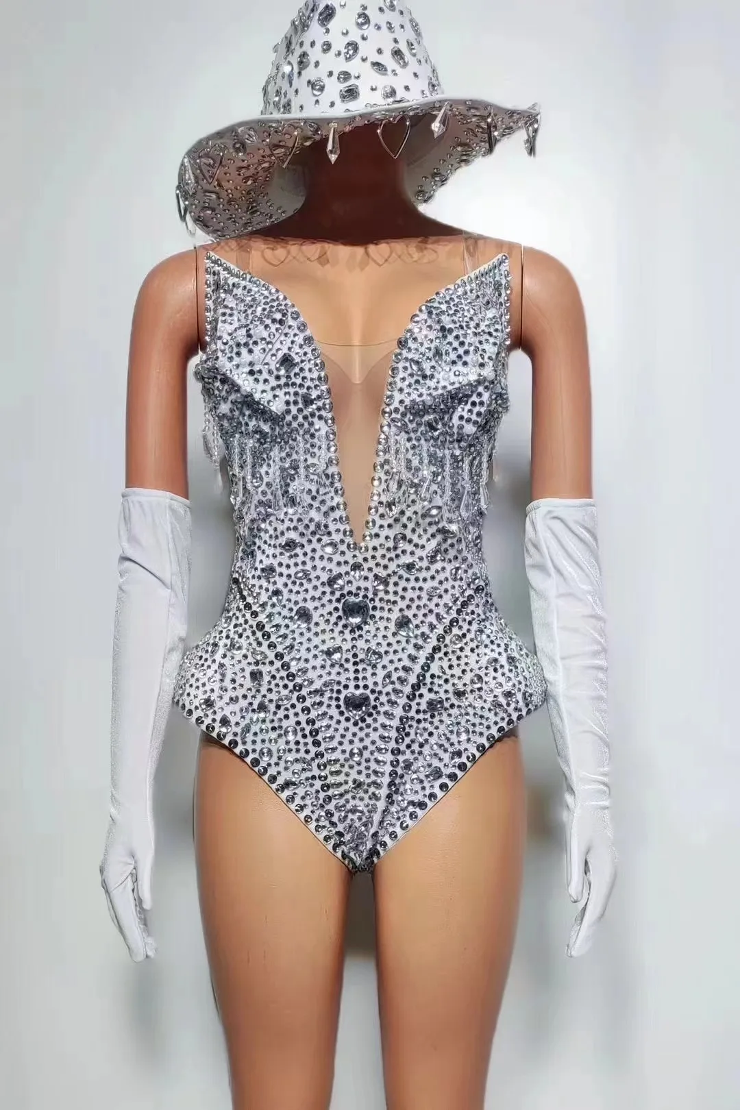 Sparkly Rhinestones Deep V Neck Bodysuit Gloves Hats Set for Women Sexy Performance Dance Costume Singer Dancer Show Stage Wear