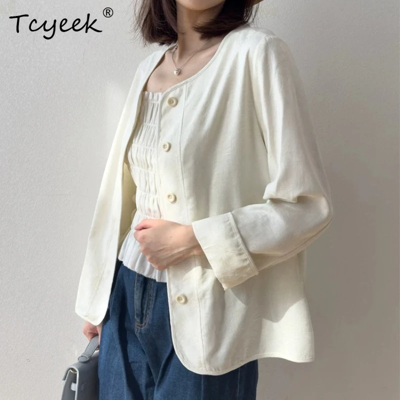 

Tcyeek 100% Real Silk Blouses for Women 2026 Spring Summer Round-neck Loose Suit Long-sleeved Shirt Woman Clothing Chemise Femme