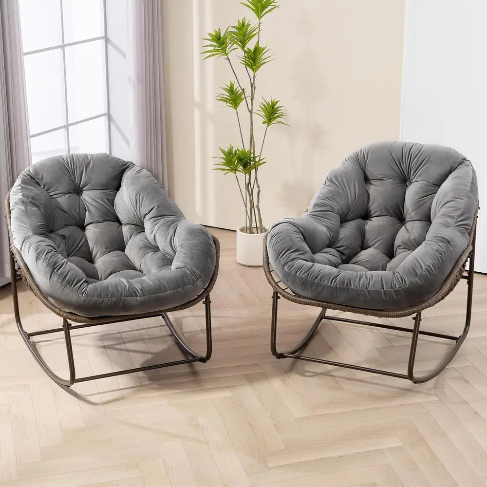 

Double Outdoor Rocking Chair Set with Grey Velvet Cushions for Patio, Porch, or Bedroom Luxury Comfort