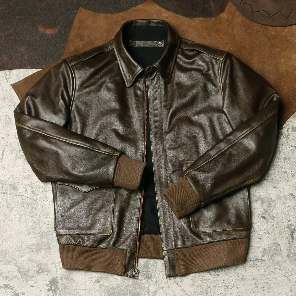 LNY SHop Best.Men quality Army green tea core cowhide A2 jacket.Classic bomber genuine leather coat.Vintage style