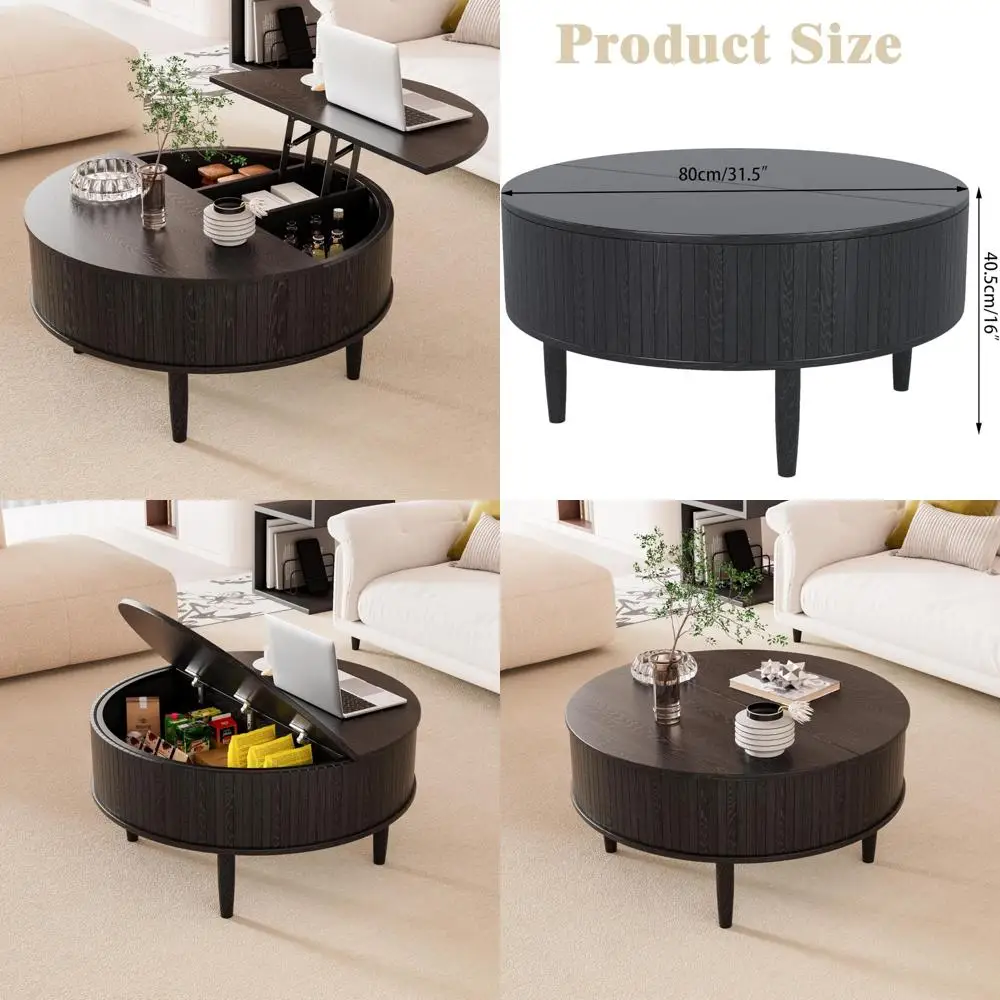 

Mid Century Modern Fluted Lift Top Coffee Table with Storage for Small Living Spaces, 31.5 Inch Diameter