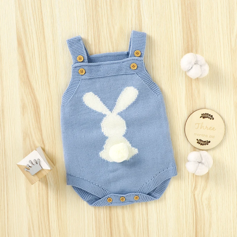 Newborn Baby Bodysuit Knit Infant Boys Girls Jumpsuit Long Sleeve Spring Toddler Kid Clothing   Cute Cartoon Rabbit 0-18M Easter