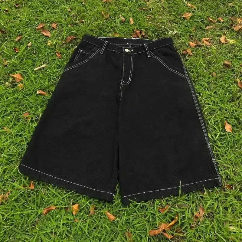 Calça de Skate Americana e Europeia Masculina, Calção Jeans Hip Hop, Padrão Bordado, Rua Alta, Casal, Hip Hop