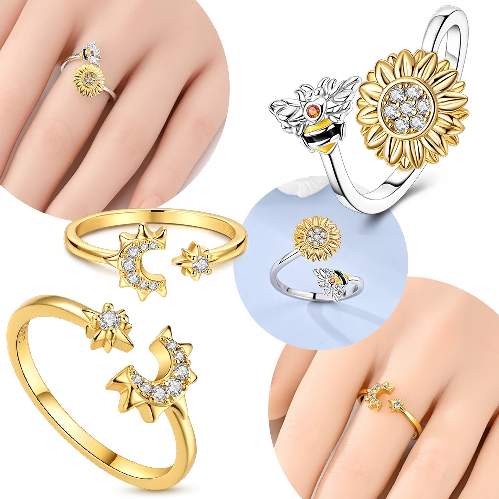 

Sunflower Bee Open Ring Star Moon Woman's Exquisite Ring Original 925 Silver Wedding Valentine Day Gift Beautiful Accessory Ring