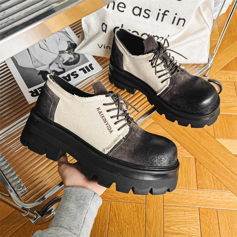 メンズ厚底ダービーシューズ身長増加滑り止め通気性カラーブロックカジュアルパーソナライズされた若者のファッションシューズ