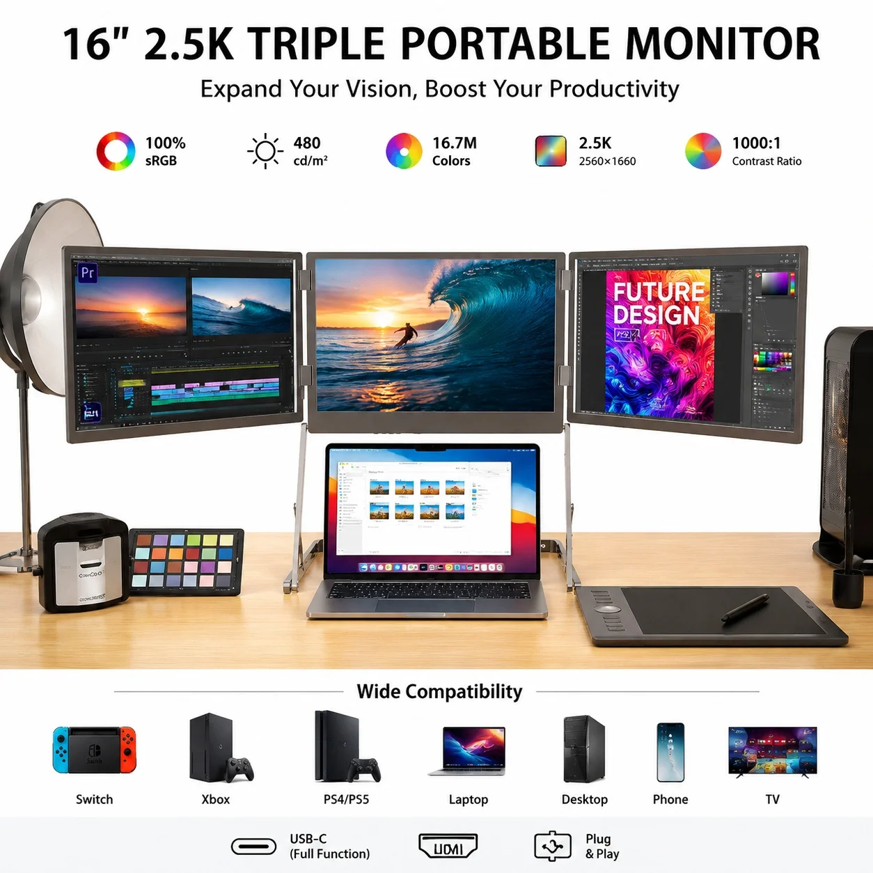 Triple External Screen for Notebook 3*16 Inch 2.5K Portable Aluminum Monitor 100%sRGB Wide Color Gamut Plug&Play