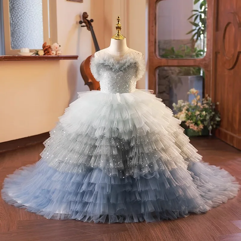 2026 Kids Formal Sweep Train Dress Children Girls Host Piano Performance Pageant Costume Flower Girl Princess Gown Model Runway