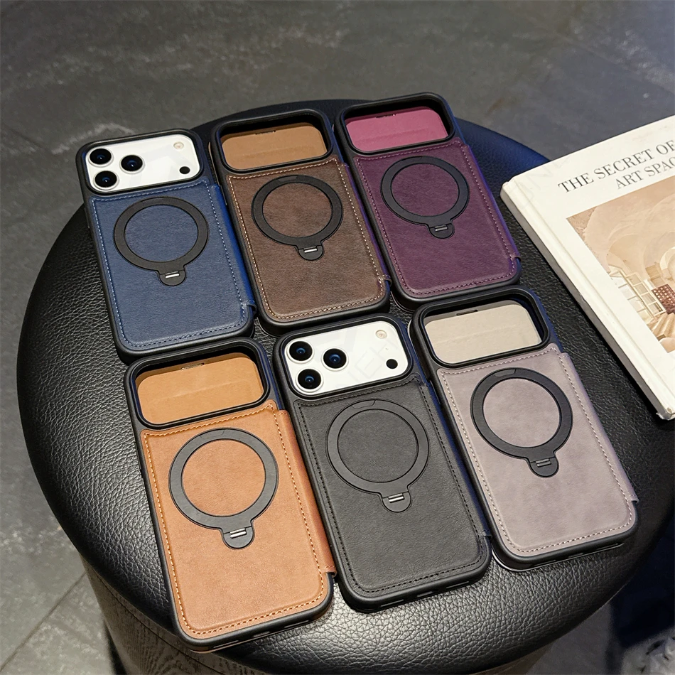 For Magsafe Card Wallet Flip Leather Case For iPhone 17 Pro Max Air 16 15 14 Plus 13 12 11 Case Magnetic Metal Stand Ring Cover