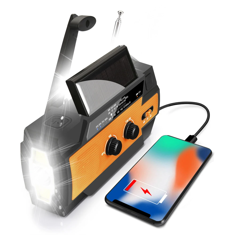 Tragbares Notfallradio, 4000 mAh/Handkurbel, Solar-USB-Aufladung, FM/AM/NOAA, LED-Taschenlampe, SOS-Alarm, Powerbank