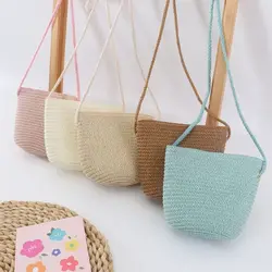Pure Color Straw Crossbody Bags For Children Girls Shoulder Bag Kids Cute Purse Summer Coin Purse Mini Handbag Storage Pouch