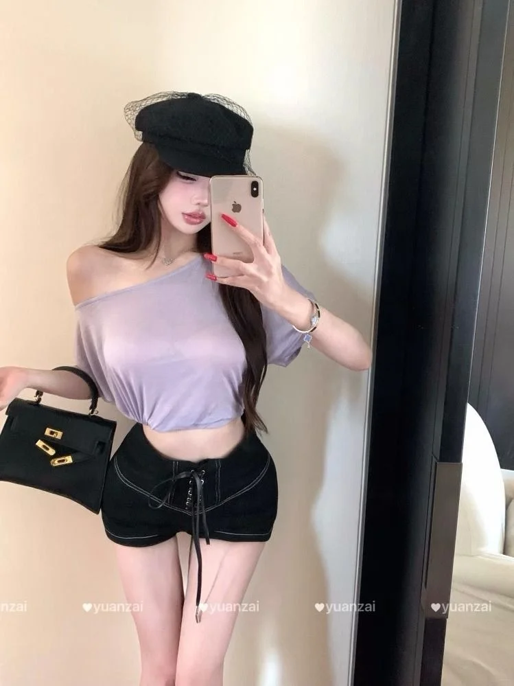 Crop Top T Shirts Woman Funny Simplicity Purple Slender Tassel Popular Rose Aesthetics Versatile Crystal Tan Universal