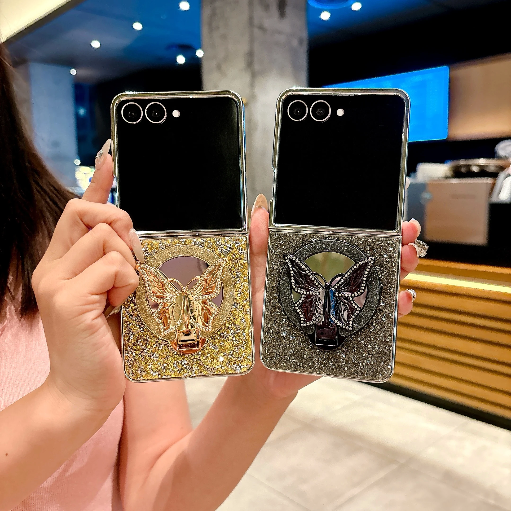 

Bling Butterfly Mirror Makeup Phone Holder Case For Samsung Galaxy Z Flip 7 Flip6 Flip 5 Flip 4 Glitter Diamond Plating Cover