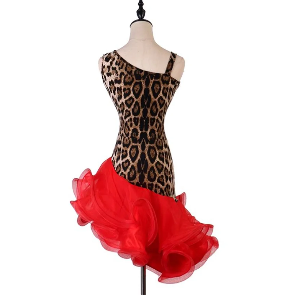 

Женское красное танцевальное платье ча-ча с леопардовым принтом, розово-красное платье для латинских танцев с боковыми плечами, высококачественные сценические костюмы
