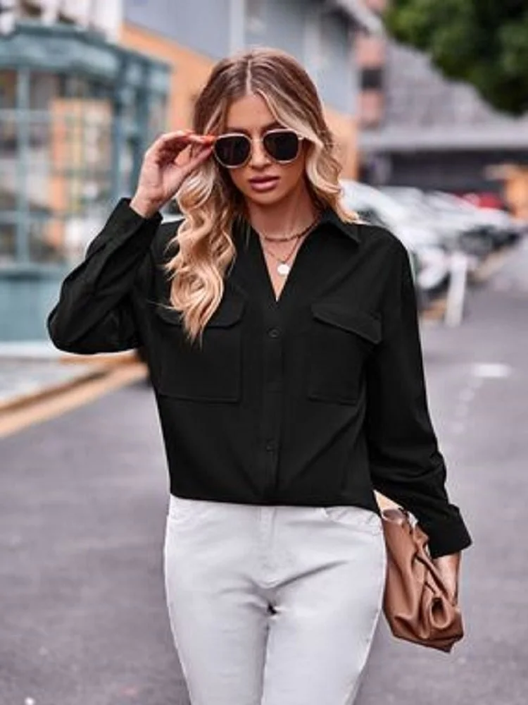 

Women's Button Down Collared Shirts Long Sleeve Blouses Black Causal Tops with Pocket