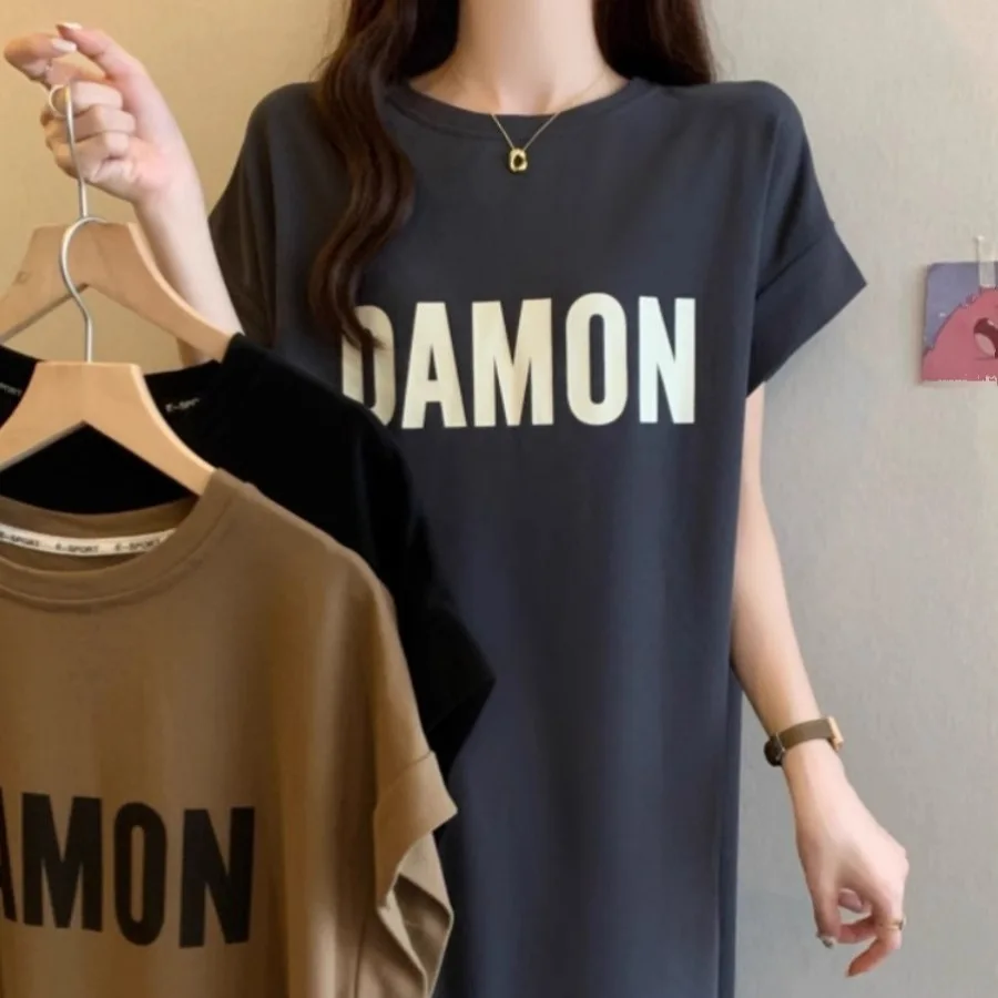 Summer Short Sleeve T-Shirt Dress Women's Korean Loose Long Dress over Knee Casual plus Size A-Line Skirt round Neck Polyester