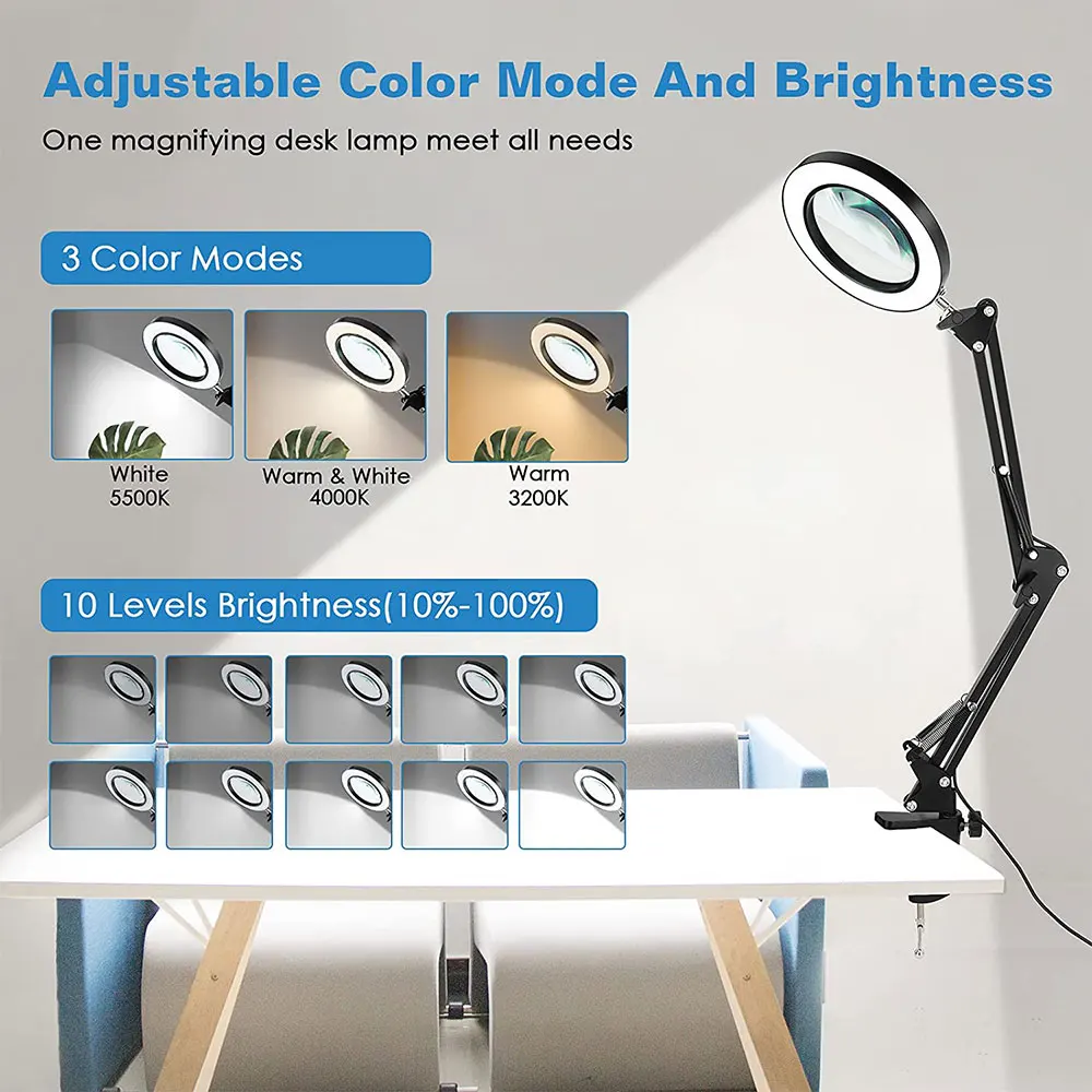 Imagem -02 - Modos de Led Luzes da Noite Usb Recarregável Lâmpada Mesa Ajustável Dobrado Deoktop Luz Leitura com 10x Lupa Luz 3