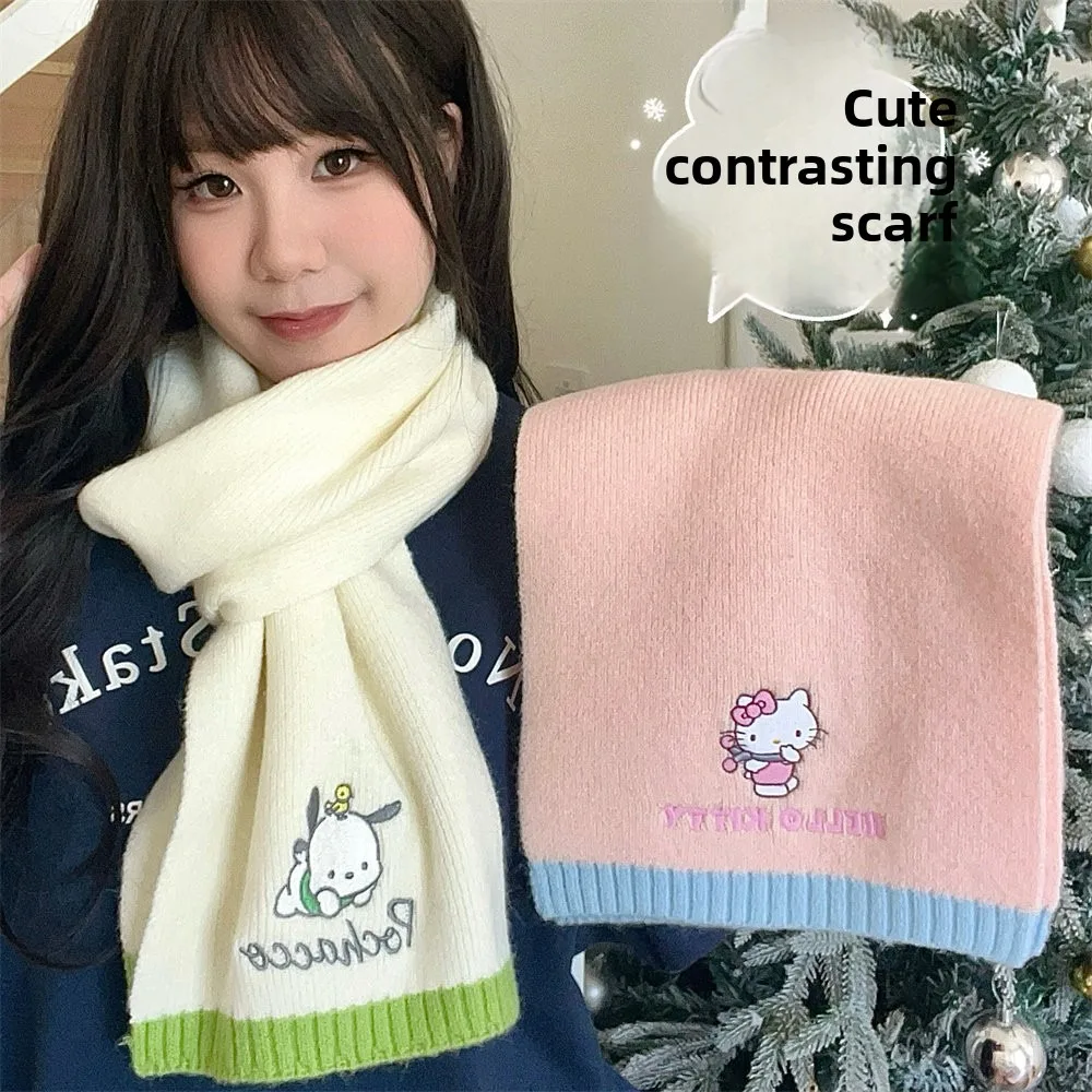 Sanrio Cute Plush Knitted Scarf for Girls, Versatile Warm Scarf, Student Autumn/Winter New Style