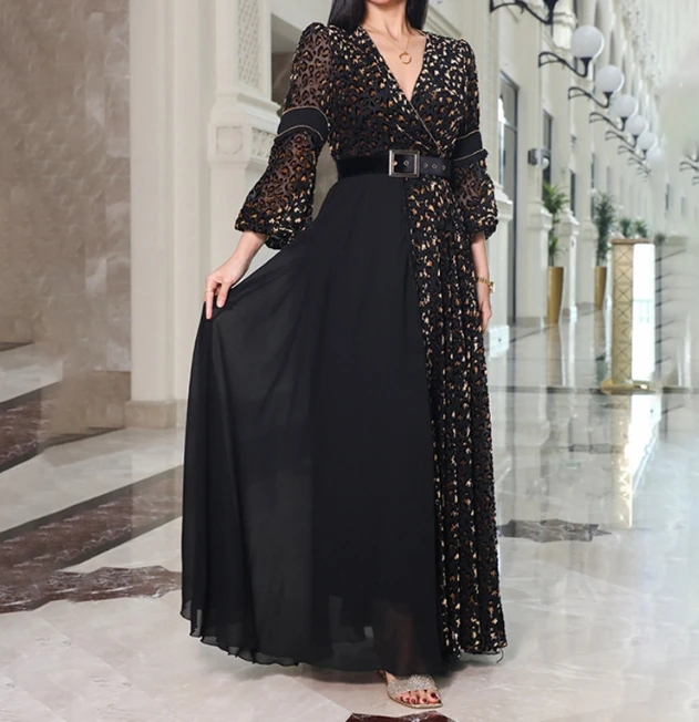 

Women's Dress Elegant Commuting Fashion Evening Party Formal Dress Printed Mesh Patchwork V-neck Long Sleeve A-line Maxi Dress