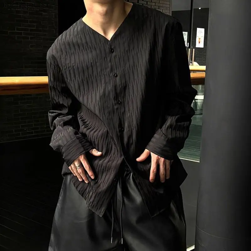 INCERUN الرجال قميص بلون الخامس الرقبة طويلة الأكمام زر ملابس الرجال غير رسمية فضفاضة الشارع الشهير موضة الترفيه القمم الذكور القمصان #5