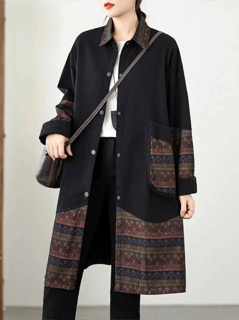 

Осень 2200, ретро хлопково-льняная клетчатая лоскутная джинсовая куртка средней длины, ветровка для женщин, свободное пальто w890