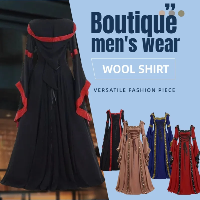 

Halloween Cosplay Women's Medieval Retro Hooded Dress with Square Collar and Flared Sleeves Big Swing Skirt