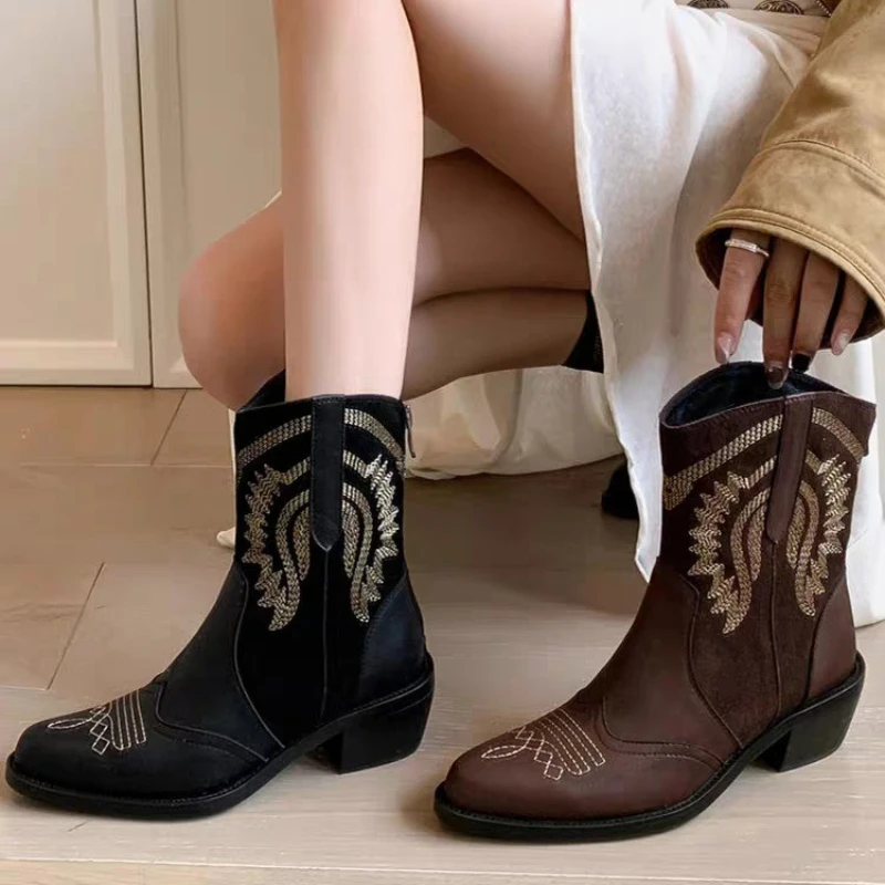 

Women Western Chunky Pointed Toe Chelsea Boots Embroidered Knight Cowboy Boots Fashion Dress Shoes Casual Female Zapatillas