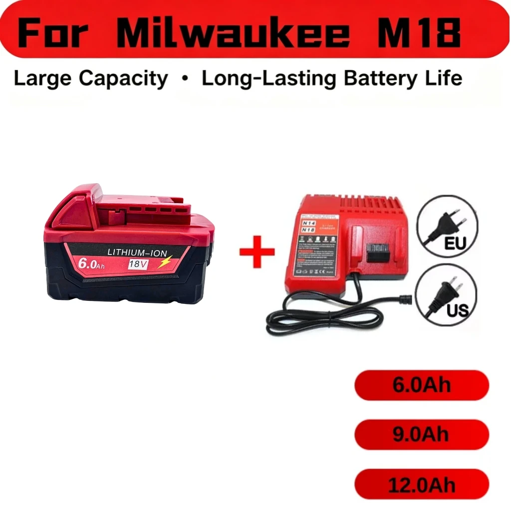 For Milwaukee 6.0Ah9.0Ah12.0Ah Battery and Charger Kit XC Replacement for 48-11-1860 M18B5 18V Li-ion Cordless Power Tool 18650