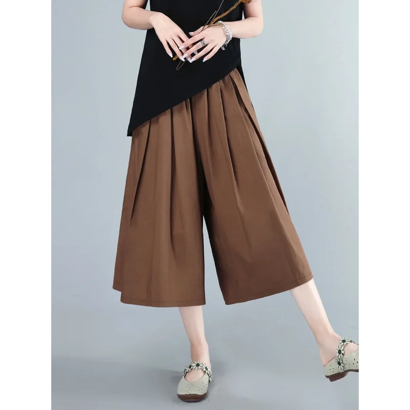 Street Casual Plus Size Pleated Wide Leg Pants Summer New Elastic Waist Solid Loose Straight Pants Vintage Fashion Women Clothes