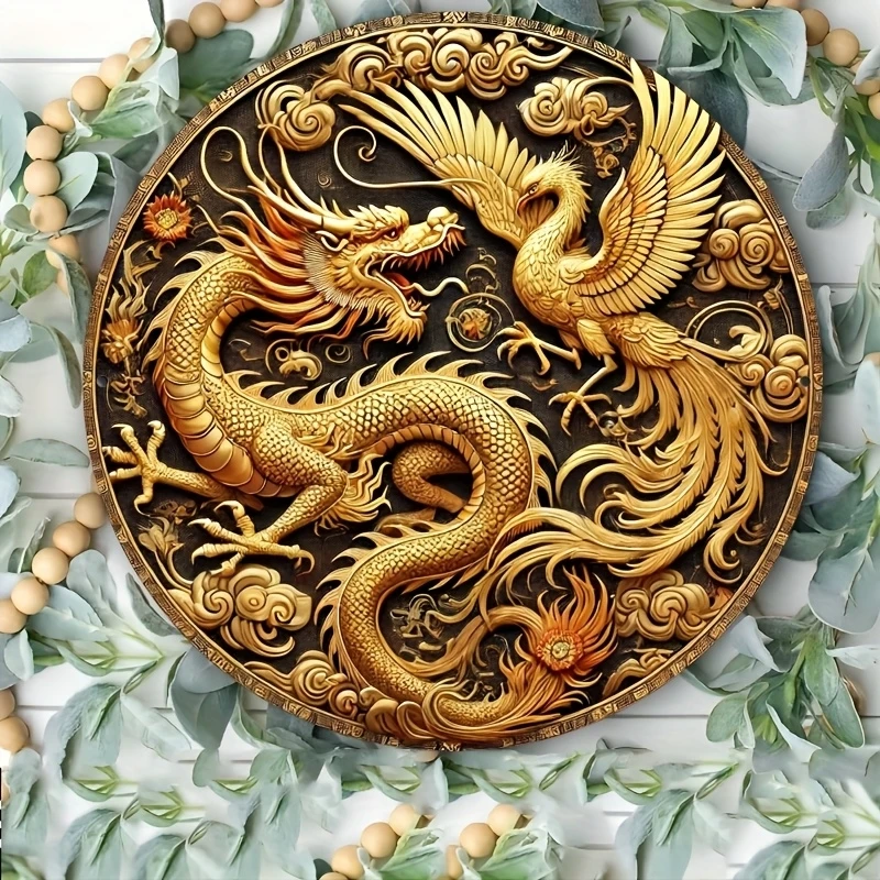 20cm Wooden 2D Flat Color Dragon Phoenix Wall Hanging Round Wooden Plate Living Room Bedroom Decoration Good Luck Guard Card