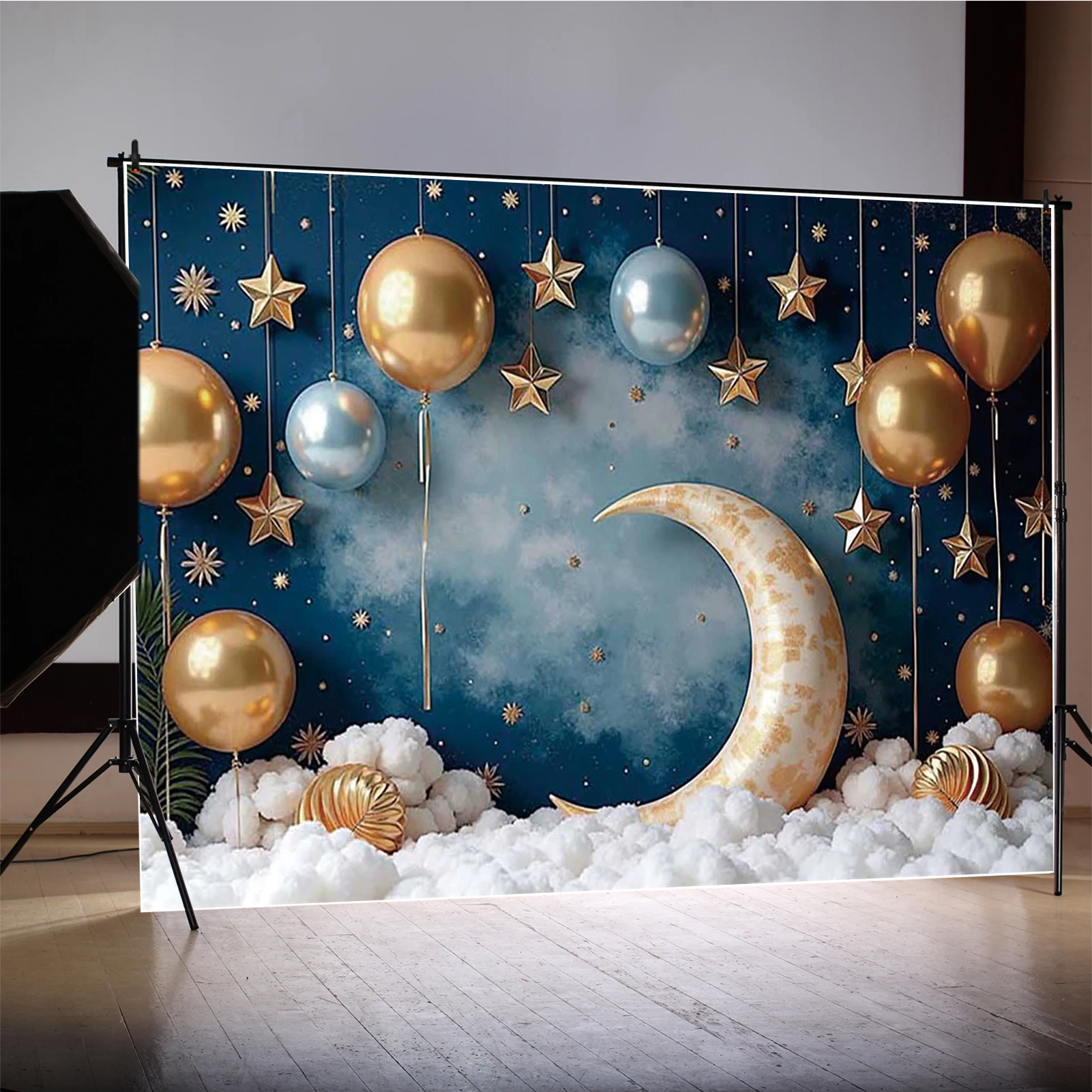 MOON.QG 赤ちゃん新生児誕生日背景写真撮影バルーンブルー壁ムーン Photozone 背景子供スタジオフォトブース小道具