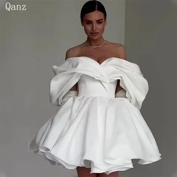 Qanz 포켓 무릎 길이 짧은 어깨 웨딩 드레스, 파티 가운, 레이스업 생일 드레스, 럭셔리 2024 맞춤형
