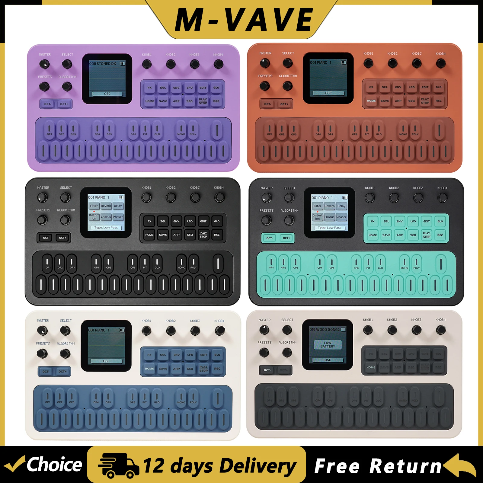 M-VAVE FM-1 Portable Fm Synthesizer 6-Operator 32-Algorithm 128 Presets Built-In Speaker Bluetooth Midi 12h Battery TFT Display