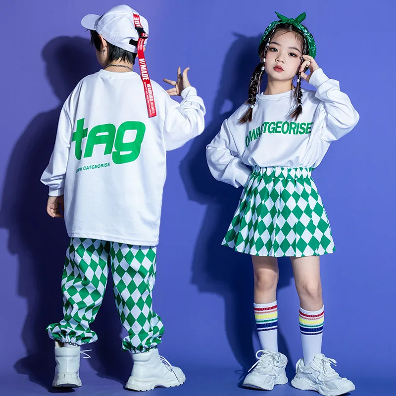 Kinder Hip Hop Kleidung Weißes Sweatshirt Grün Kariert Street Jogger Hosen Faltenrock für Mädchen Jungen Jazz Dance Kostüm Kleidung