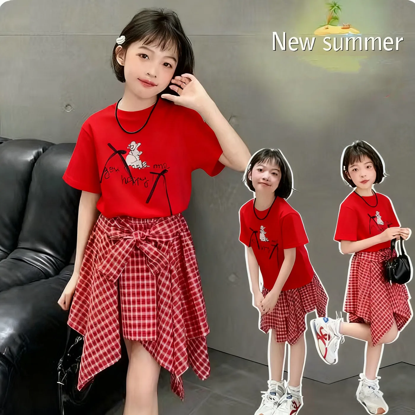 

Летний комплект одежды для девочек: футболка с коротким рукавом с буквенным принтом + клетчатая юбка с асимметричным подолом, 2 предмета, для детей 5-14 лет, подростковый наряд