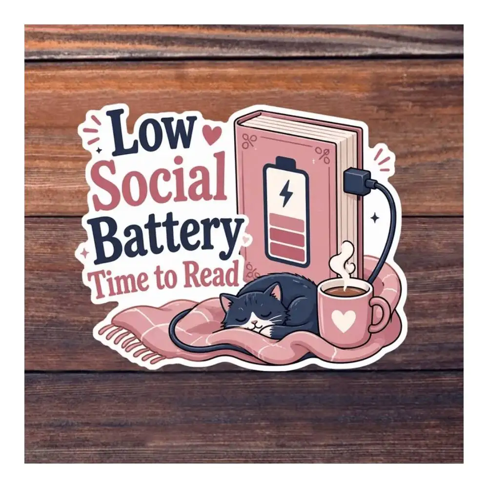 Social Battery Low Introvert 3-inch Sticker For Phone Cases, Kindles, Book Lovers