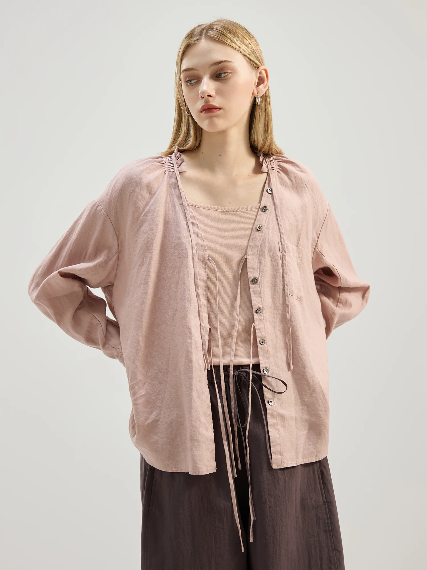 

Reatic 2025 Early Autumn Versatile Linen Casual irt Women's Loose Fit Long Sve Mid-Length Casual Sle Faion irt