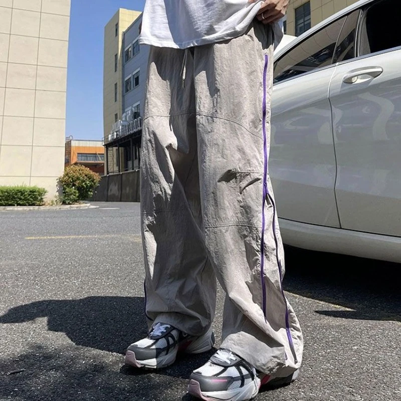 

Summer Zip Thin Men's Casual Straight Pants Korean Style Baggy Male Trousers New in Original Clothing Vintage Polyester Clothes
