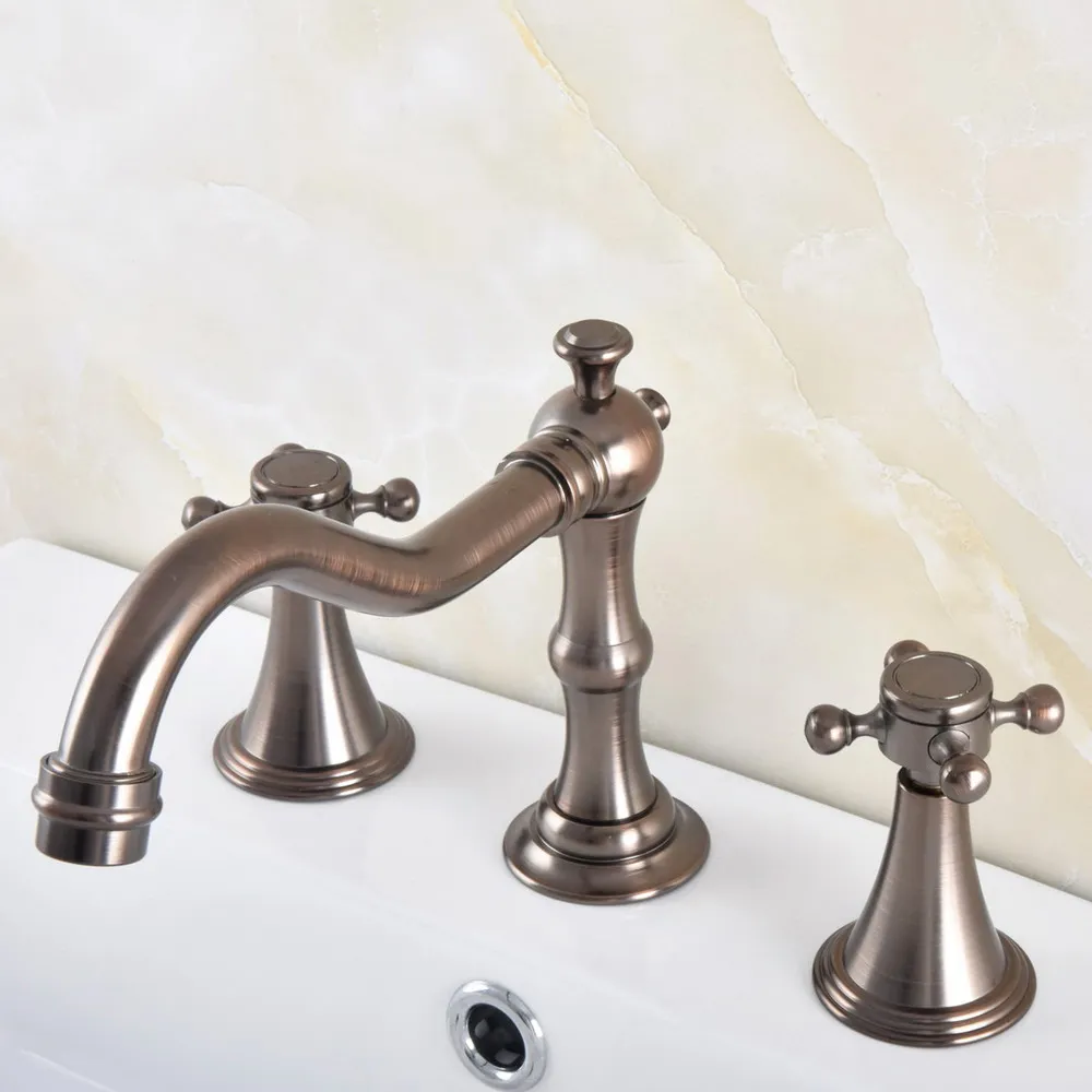 

Brown Oil Rubbed Bronze Deck Mounted Dual Handles Widespread Bathroom 3 Holes Basin Faucet Mixer Water Taps mnf588