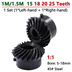 1 Set 1:1 Spiral Bevel Gear 1/1.5 Module 15 18 20 25 Teeth Bore 5/6/7/8/10/12-18mm 45# Steel Left-hand and Right-hand Bevel Gear