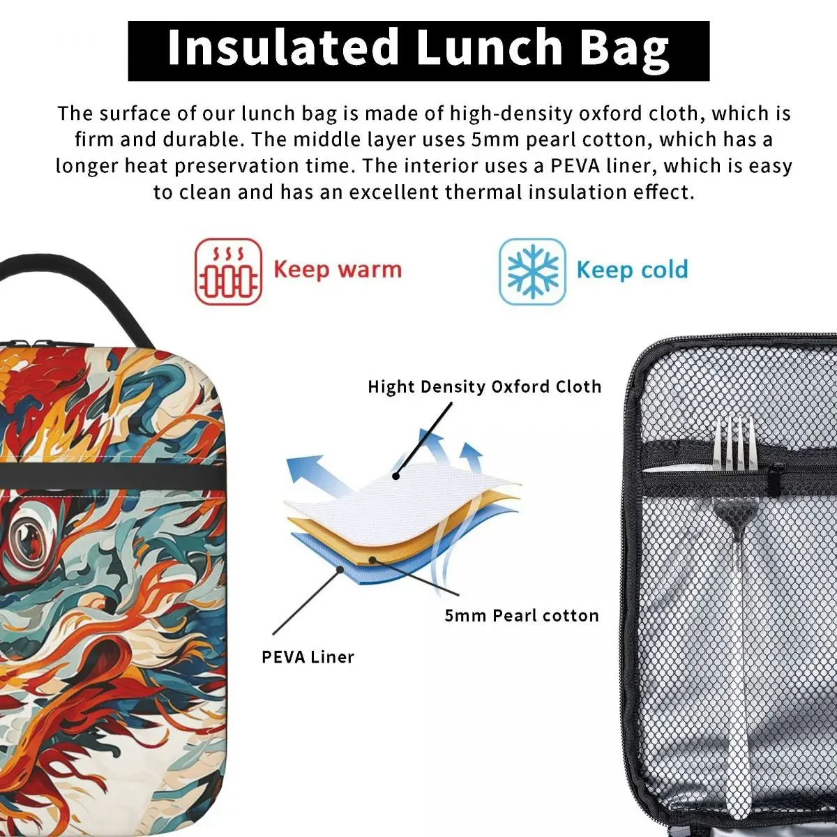 Dragon Head Insulated Lunch Bag for Women Kids Portable Food Boxes Thermal Lunch Box Tote