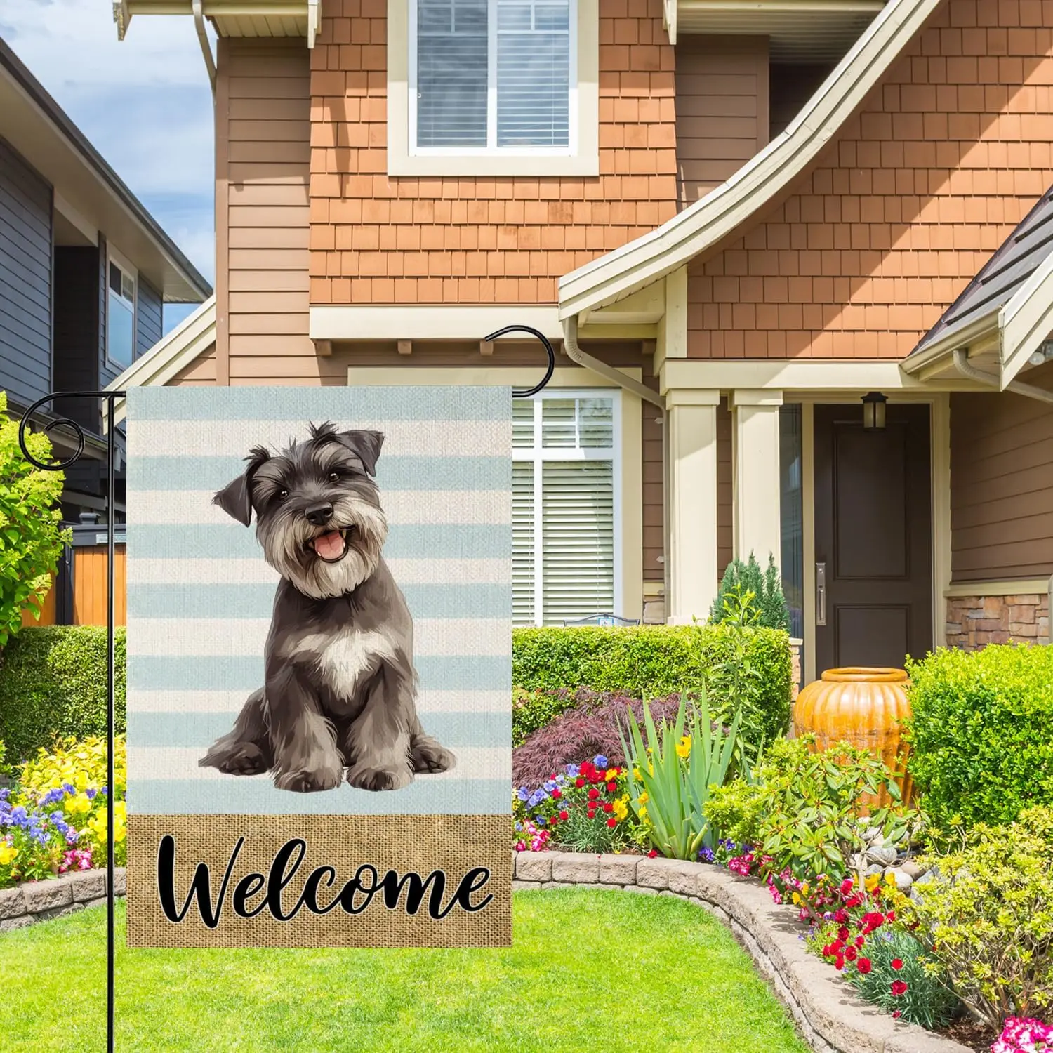 Schnauzer Garden Flags for Outside Welcome Dog with Light Blue Stripes Flag Yard Decoration, Small Seasonal Outdoor Decor for Sp